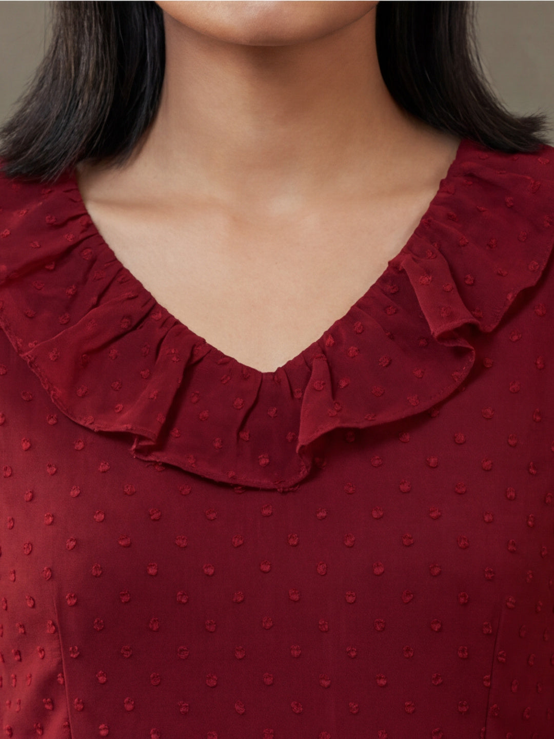 Red Color Polka Self Weave Georgette Tiered Lace Inserted Dress