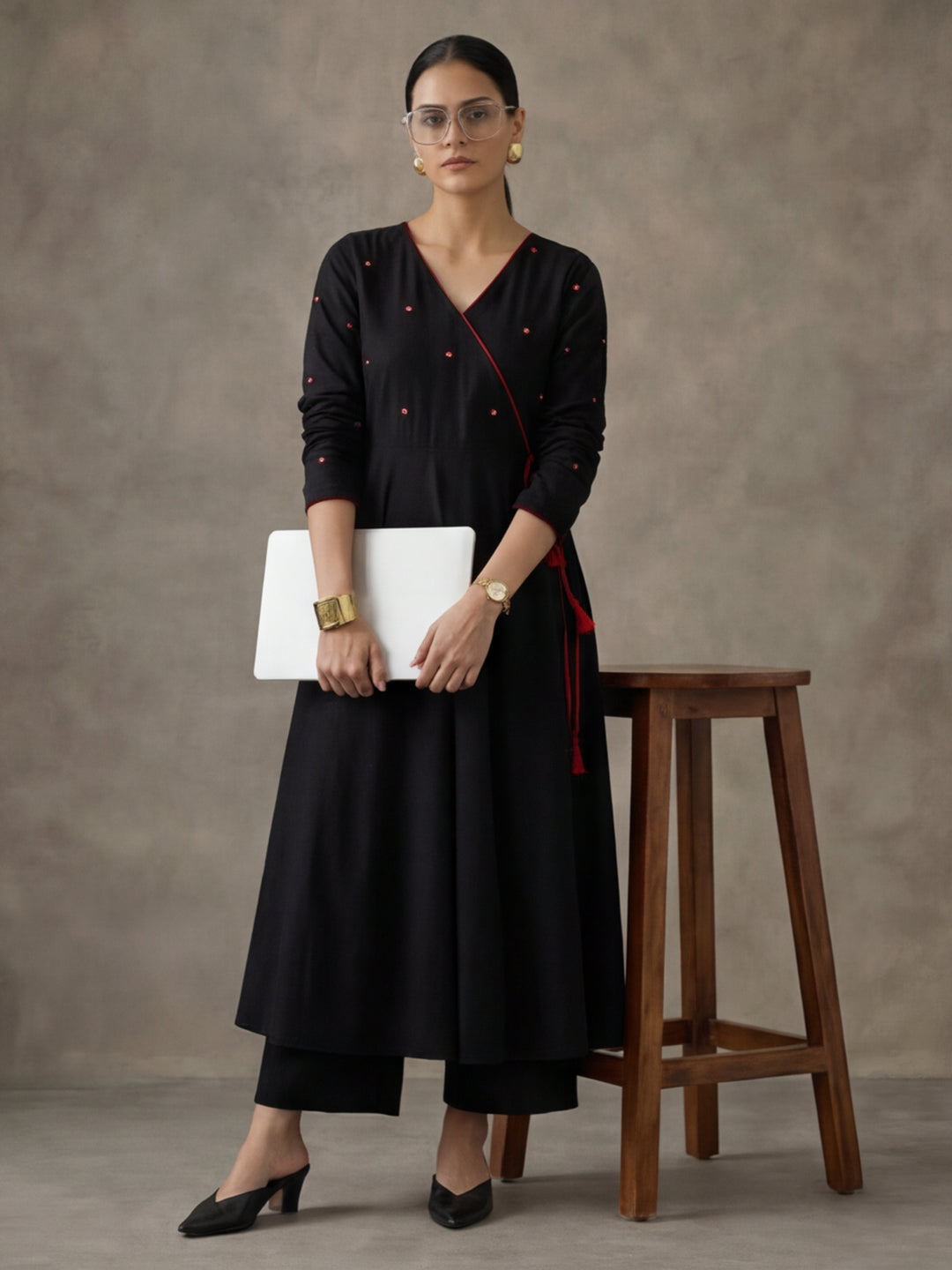 Women Black Angrakha Style Cotton Flared Kurta with Palazzos