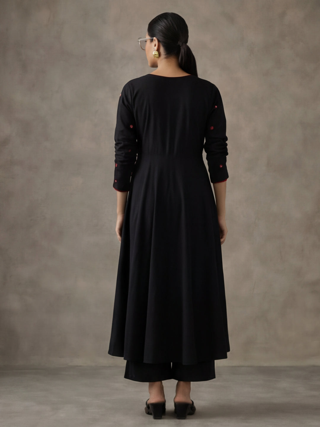 Women Black Angrakha Style Cotton Flared Kurta with Palazzos