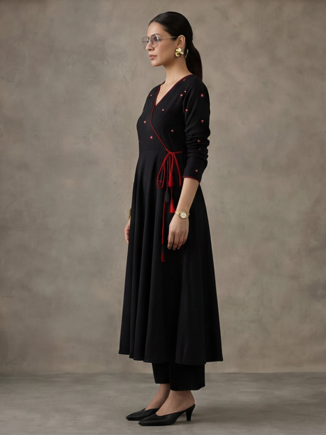 Women Black Angrakha Style Cotton Flared Kurta with Palazzos