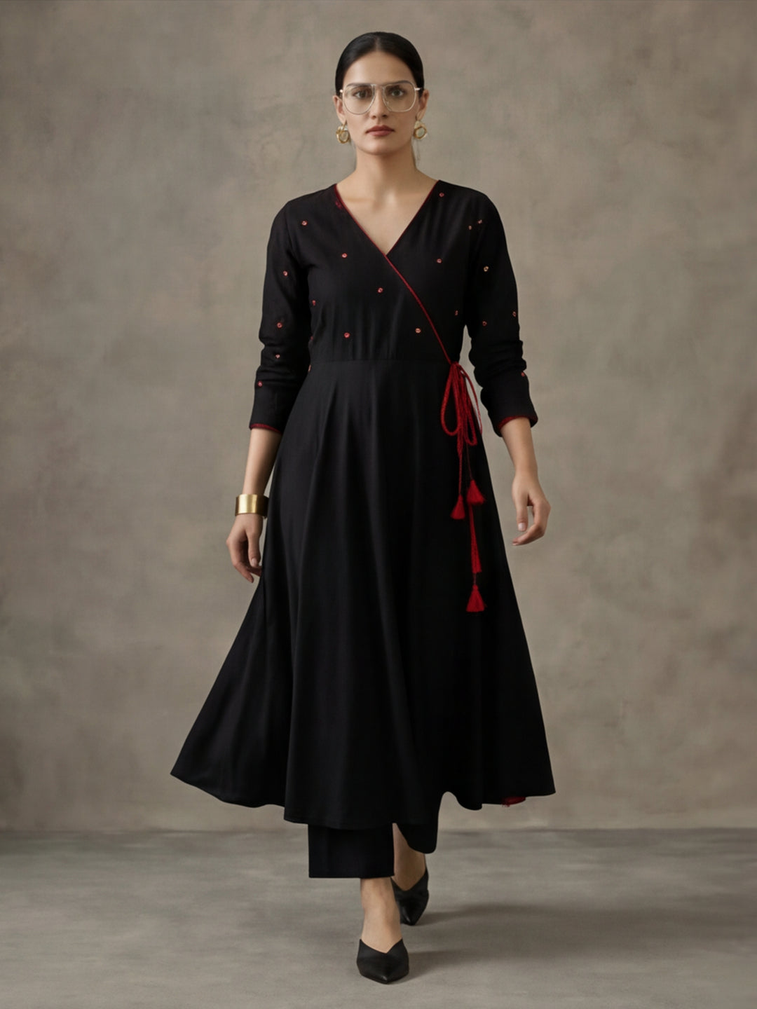 Women Black Angrakha Style Cotton Flared Kurta with Palazzos