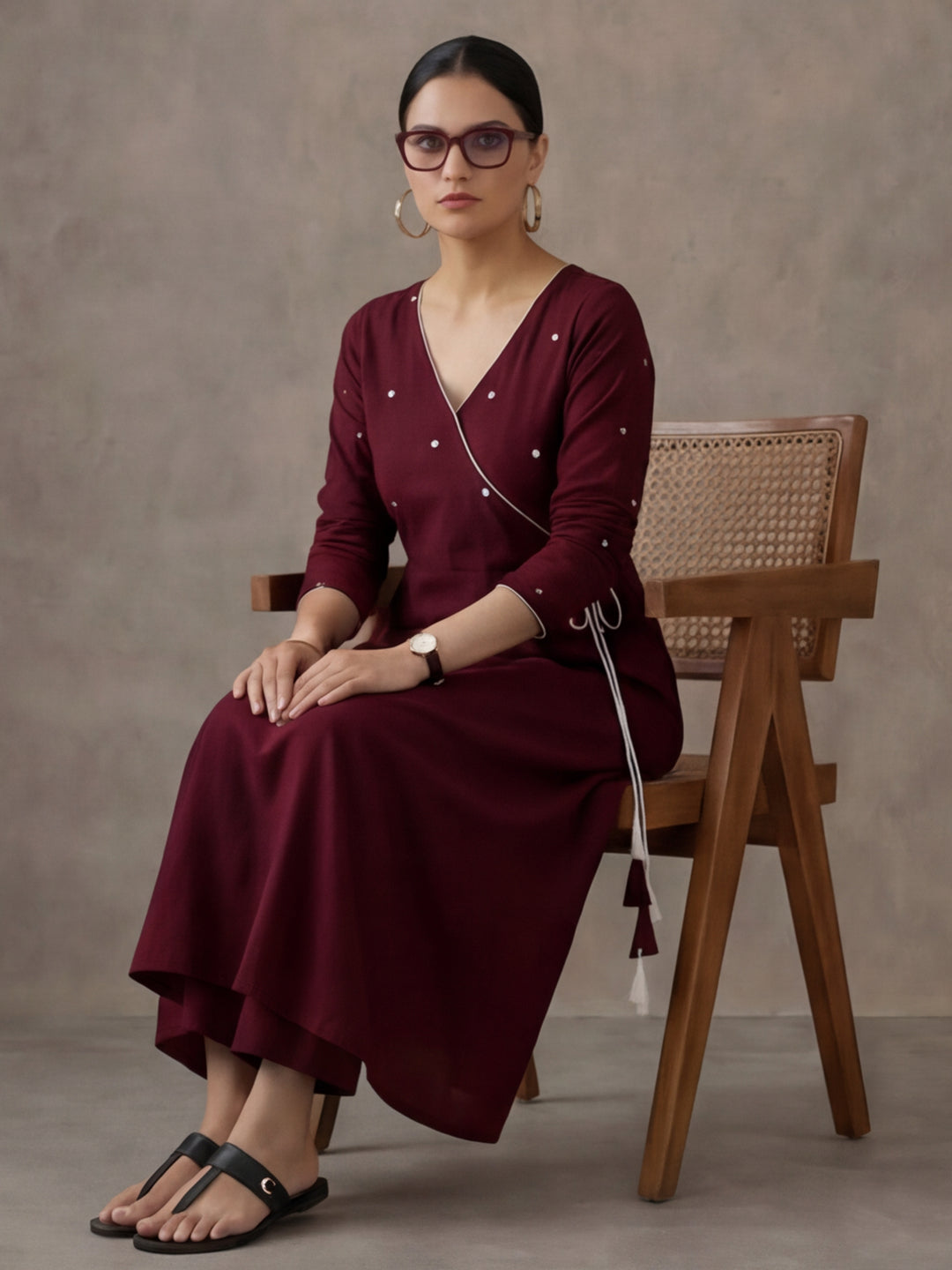 Women Maroon Angrakha Style Cotton Flared Kurta with Palazzos