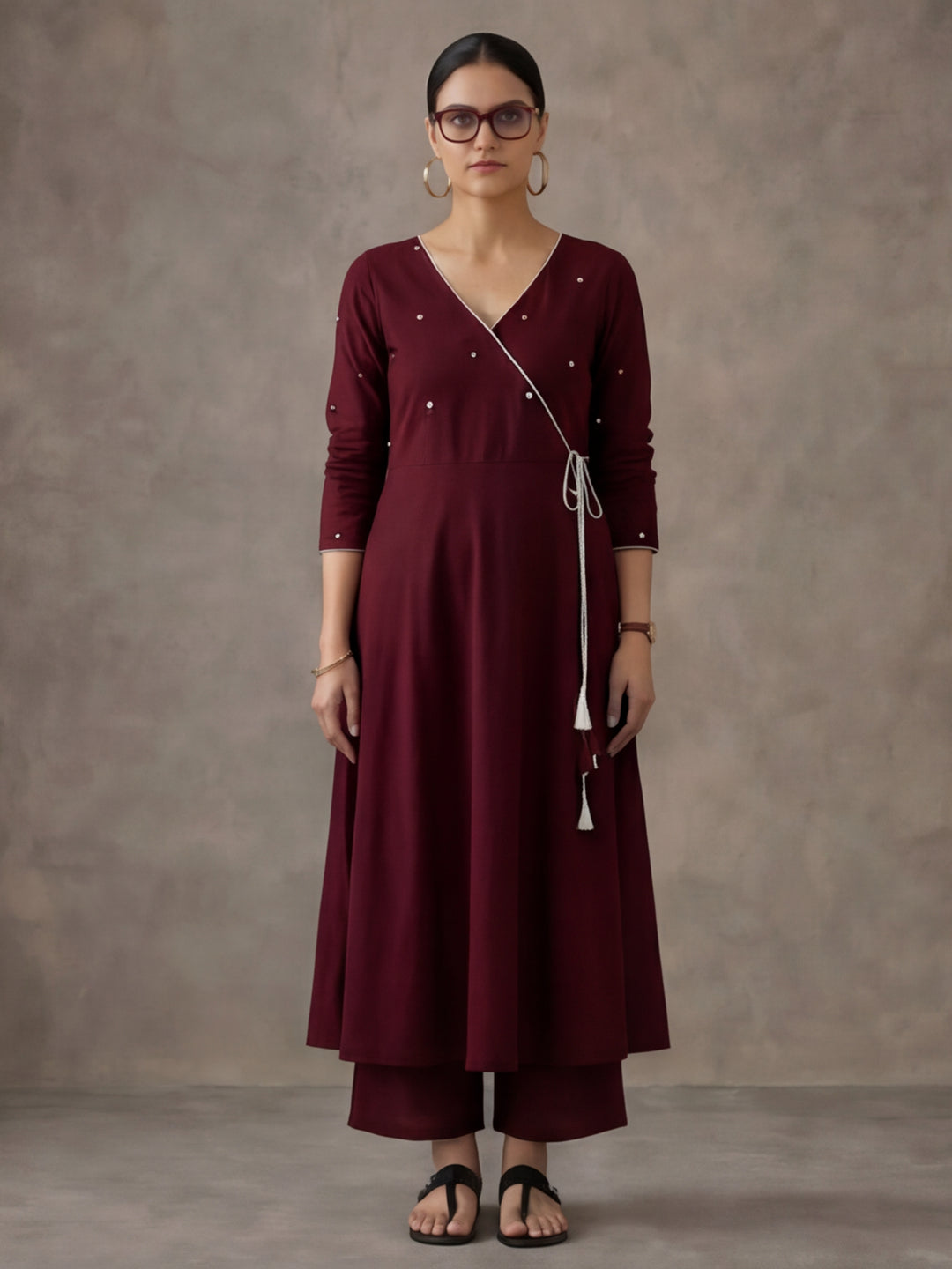Women Maroon Angrakha Style Cotton Flared Kurta with Palazzos
