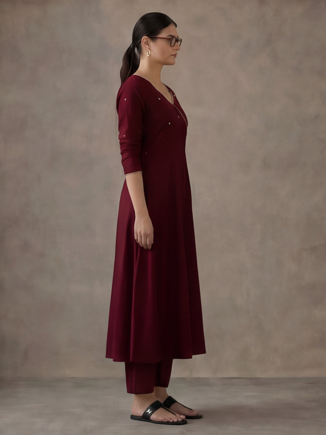 Women Maroon Angrakha Style Cotton Flared Kurta with Palazzos