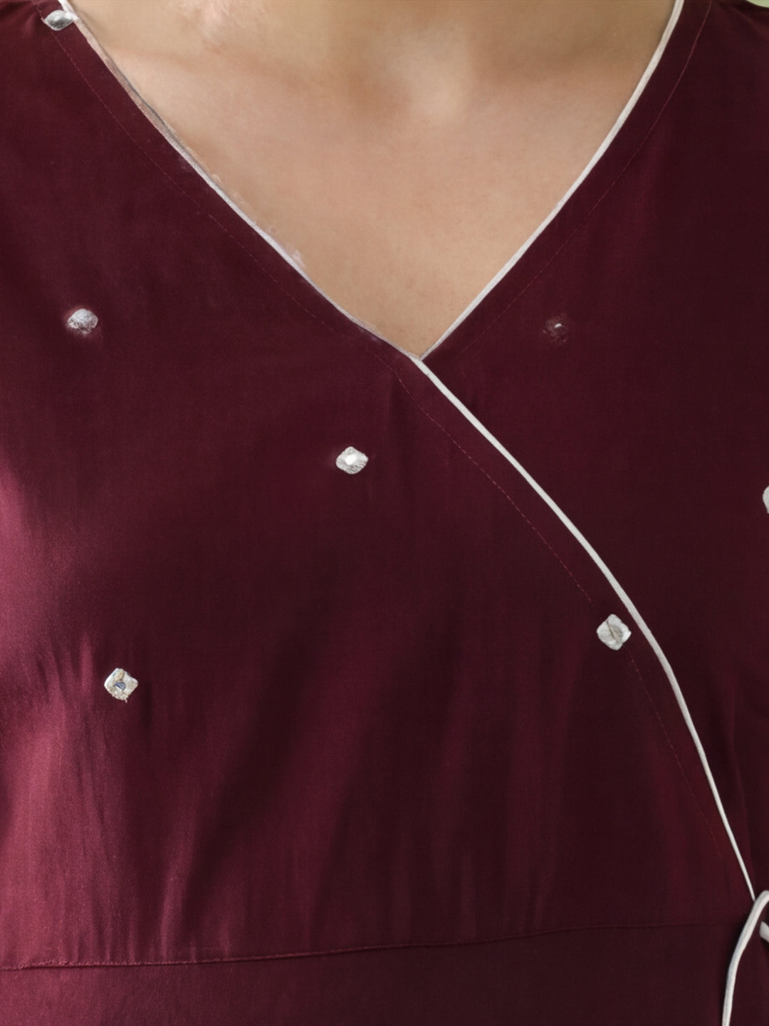 Women Maroon Angrakha Style Cotton Flared Kurta with Palazzos