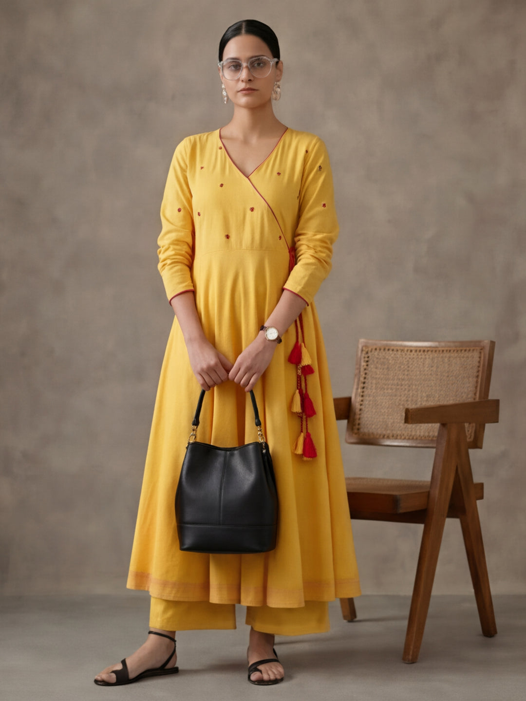 Women Mustard Angrakha Style Cotton Flared Kurta with Palazzos