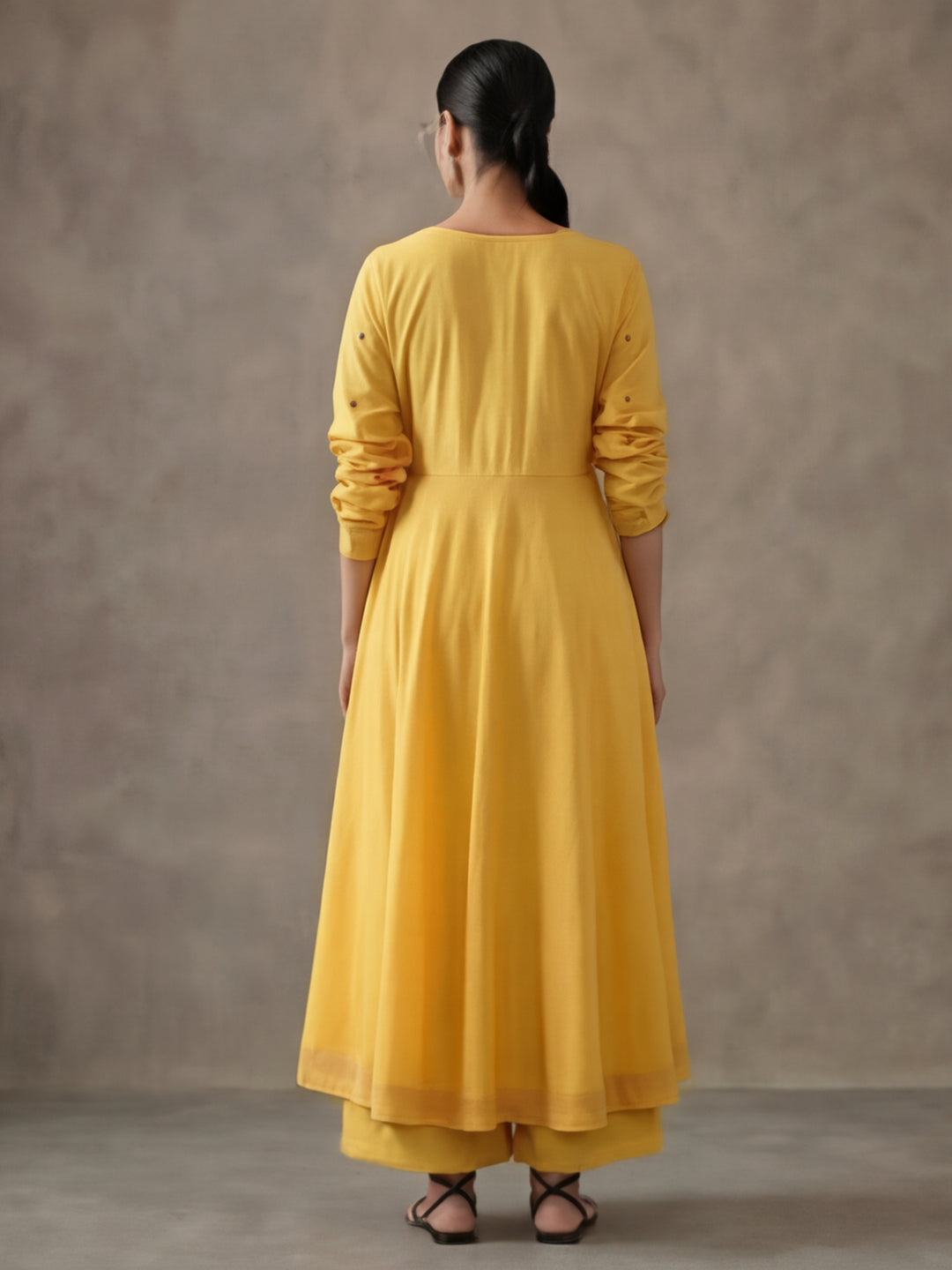 Women Mustard Angrakha Style Cotton Flared Kurta with Palazzos