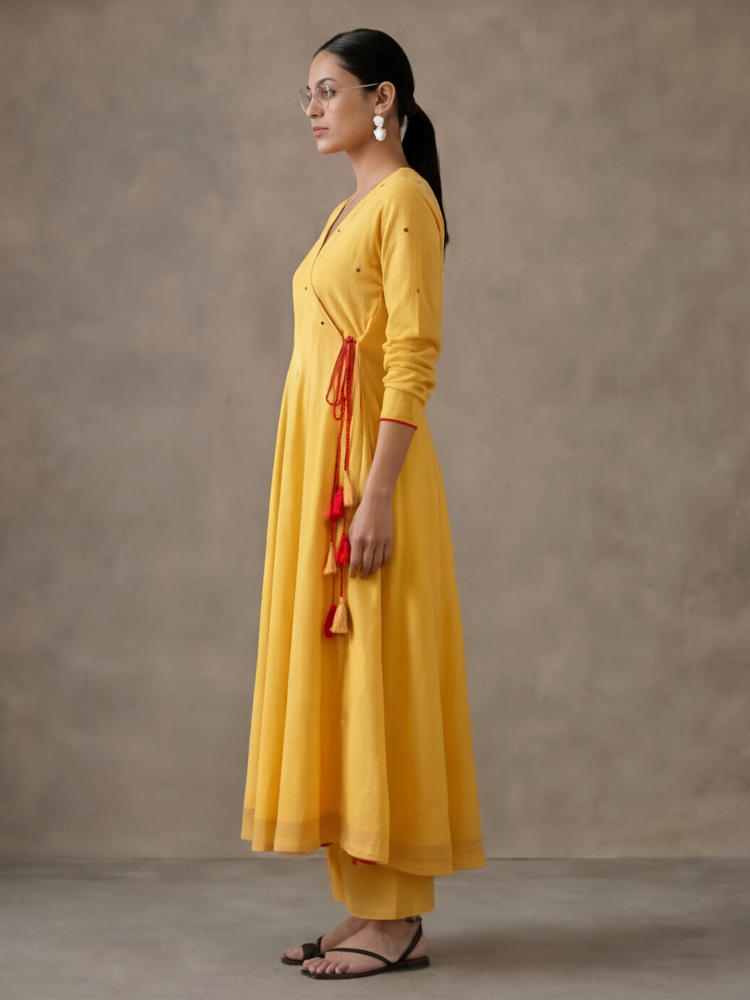 Women Mustard Angrakha Style Cotton Flared Kurta with Palazzos