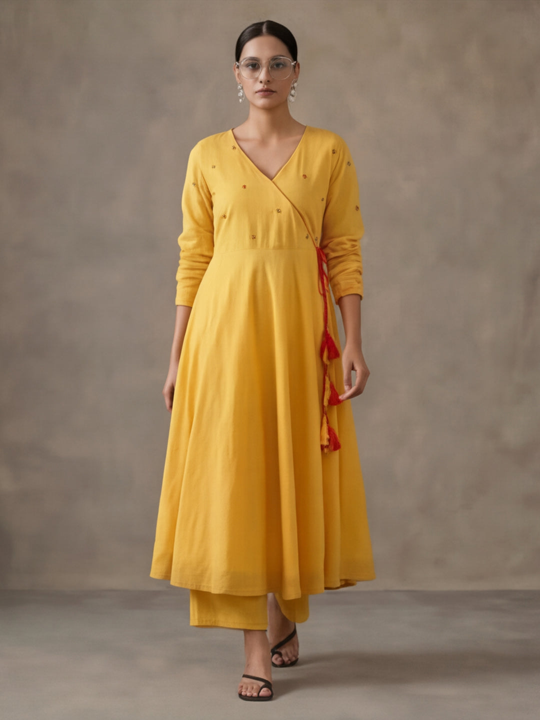 Women Mustard Angrakha Style Cotton Flared Kurta with Palazzos