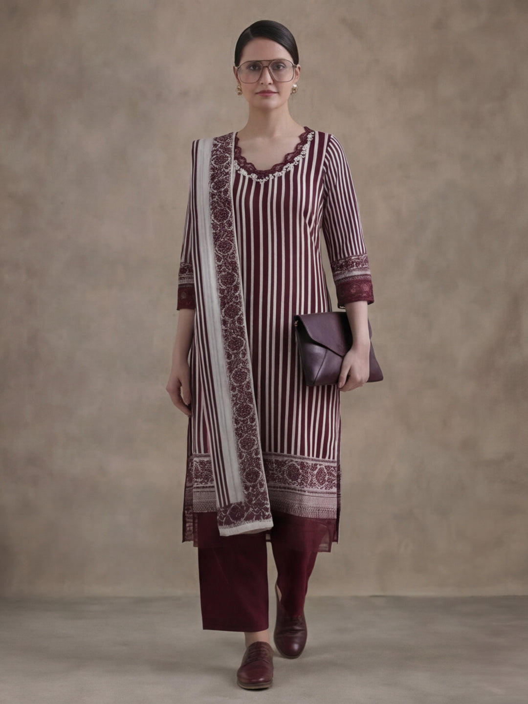 Striped Printed Thread Work Pure Cotton Kurta With Pant & Mulmul Dupatta