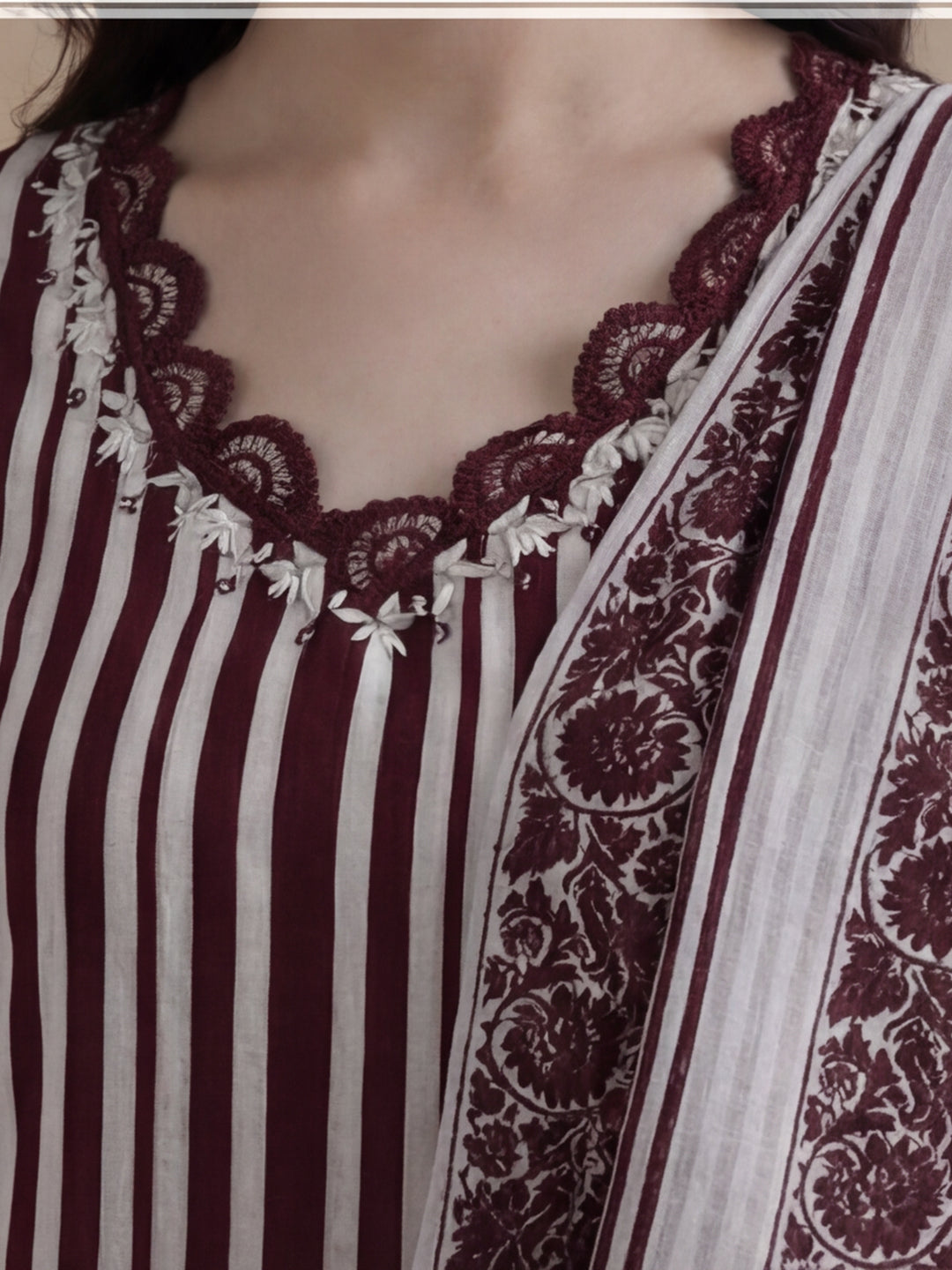 Striped Printed Thread Work Pure Cotton Kurta With Pant & Mulmul Dupatta