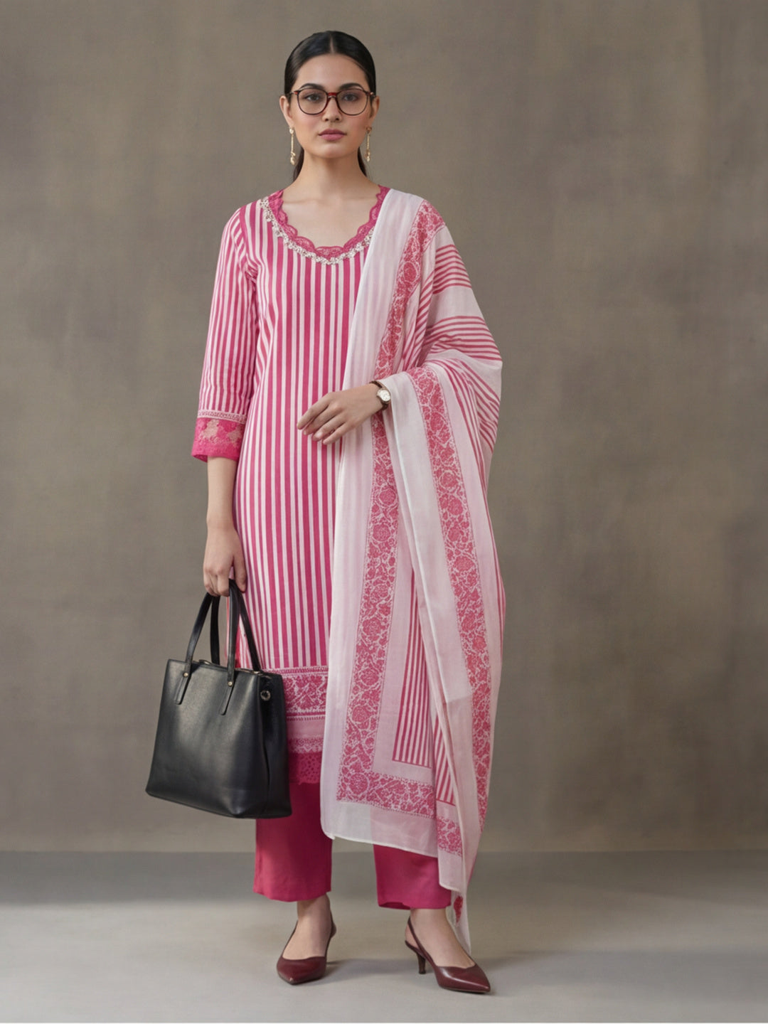Striped Printed Thread Work Pure Cotton Kurta With Pant & Mulmul Dupatta