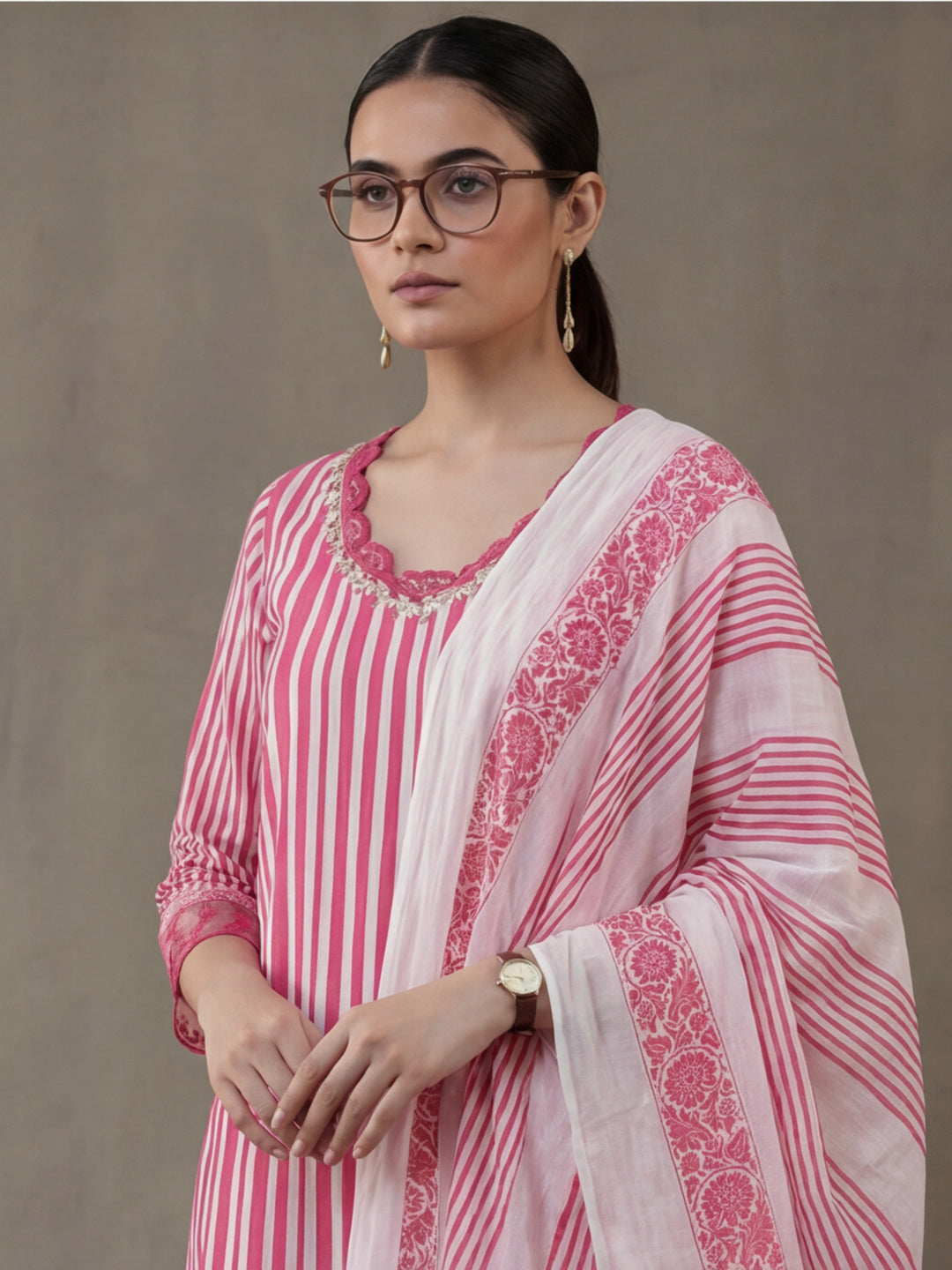 Striped Printed Thread Work Pure Cotton Kurta With Pant & Mulmul Dupatta