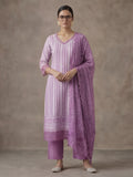 Striped Printed Thread Work Pure Cotton Kurta With Pant & Mulmul Dupatta