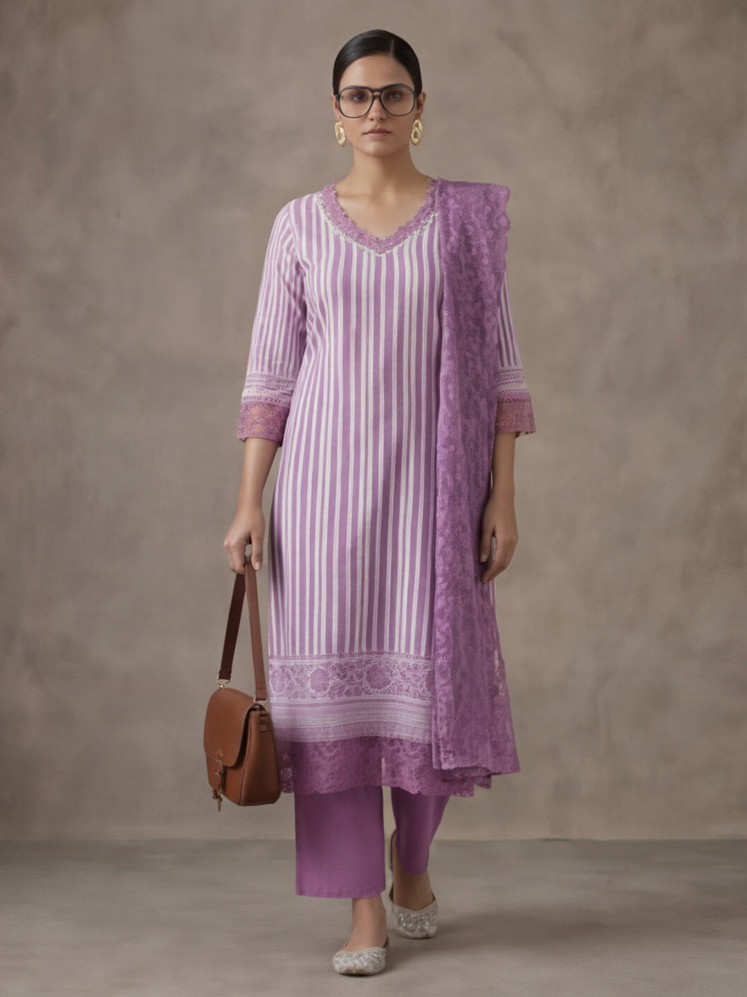 Striped Printed Thread Work Pure Cotton Kurta With Pant & Mulmul Dupatta