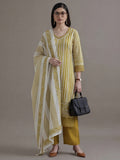 Striped Printed Thread Work Pure Cotton Kurta With Pant & Mulmul Dupatta