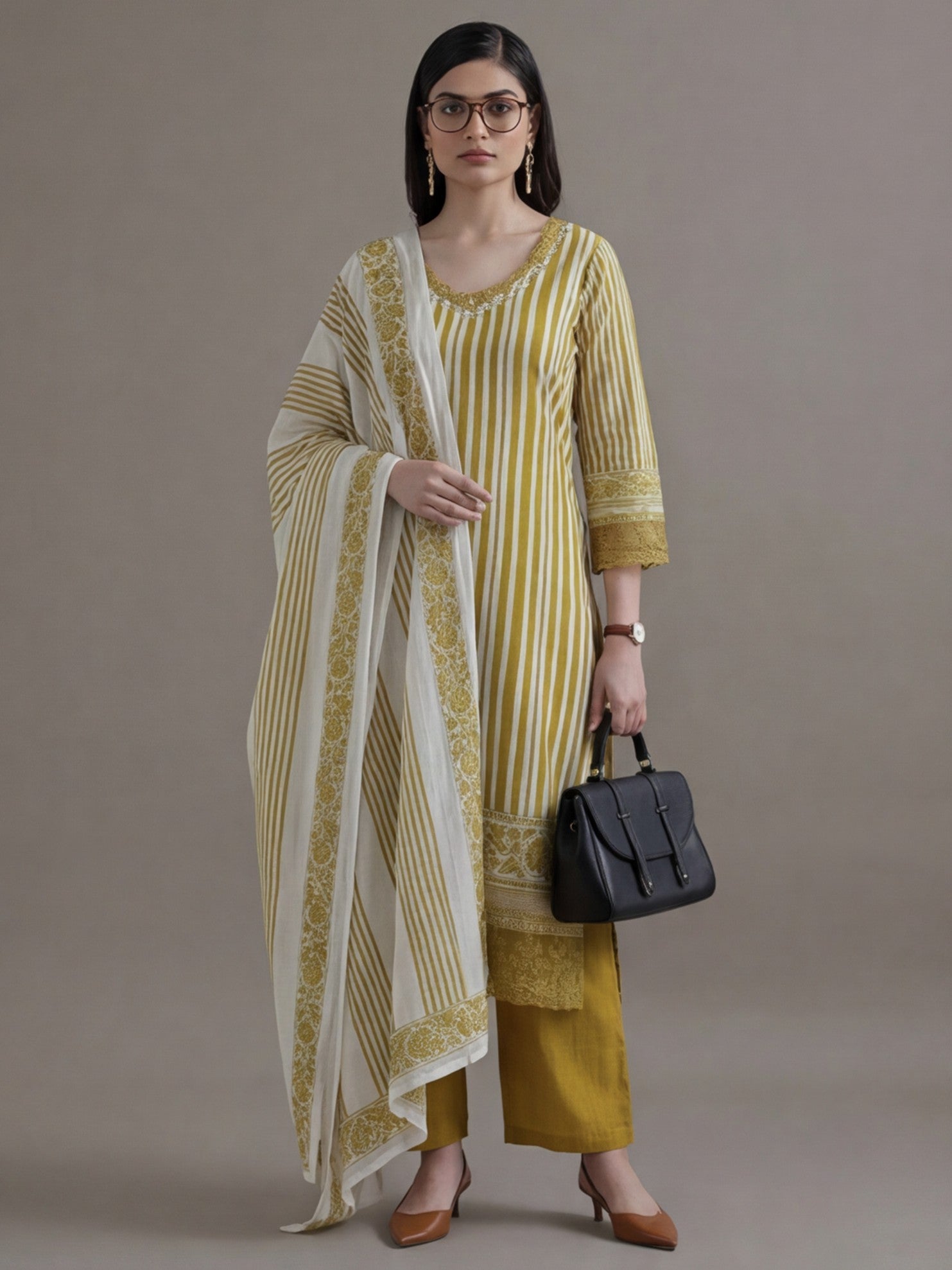 Striped Printed Thread Work Pure Cotton Kurta With Pant & Mulmul Dupatta