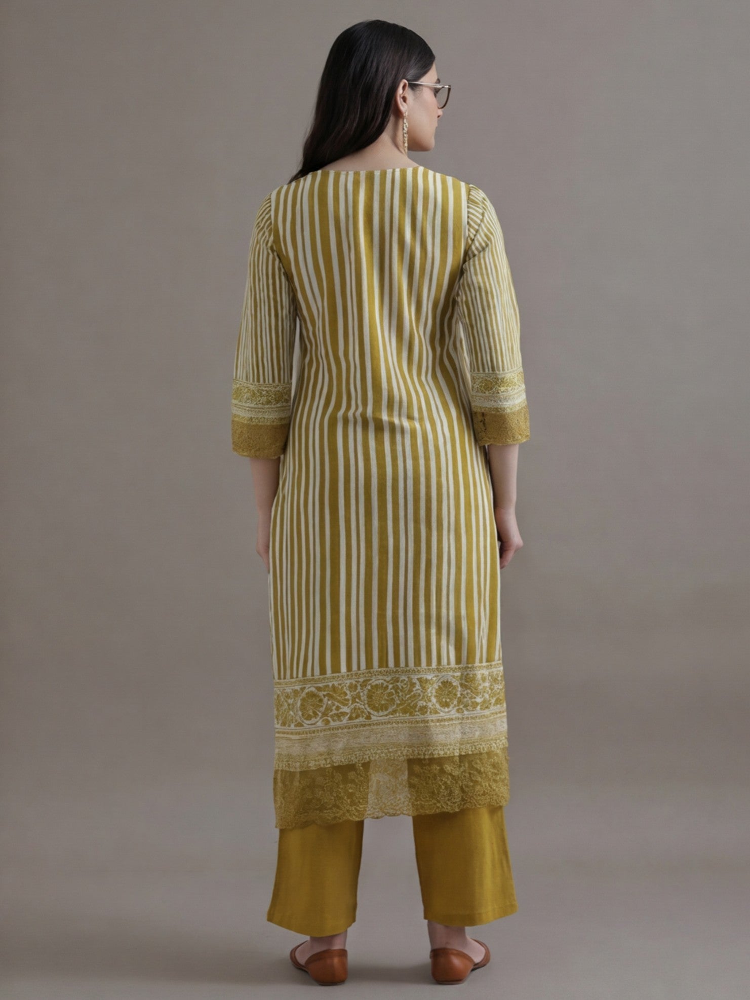 Striped Printed Thread Work Pure Cotton Kurta With Pant & Mulmul Dupatta