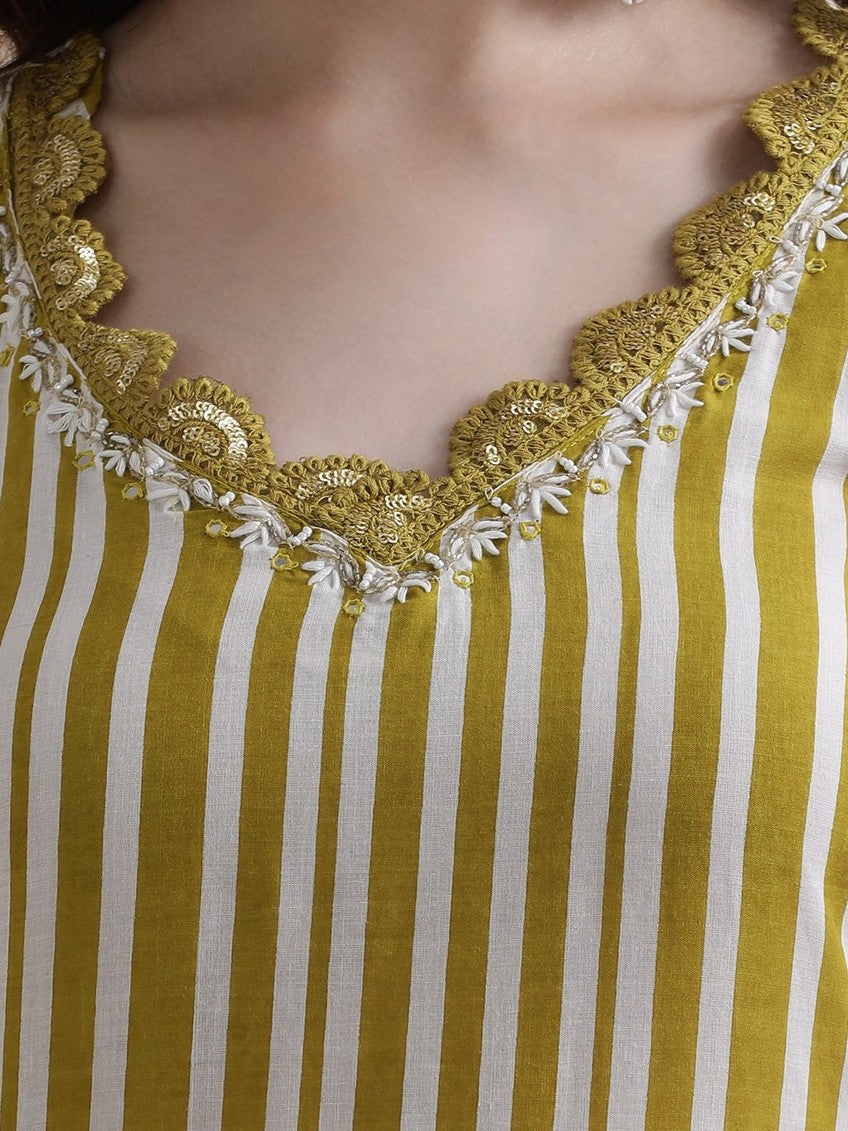 Striped Printed Thread Work Pure Cotton Kurta With Pant & Mulmul Dupatta