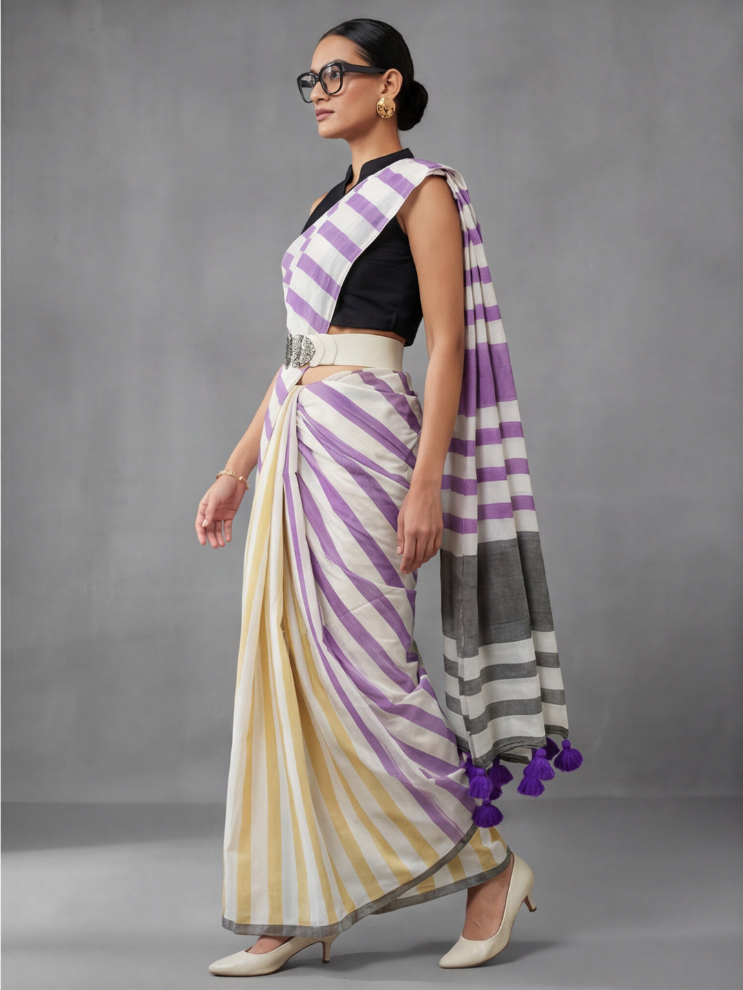Striped Pure Linen Saree with Unstiched Blouse