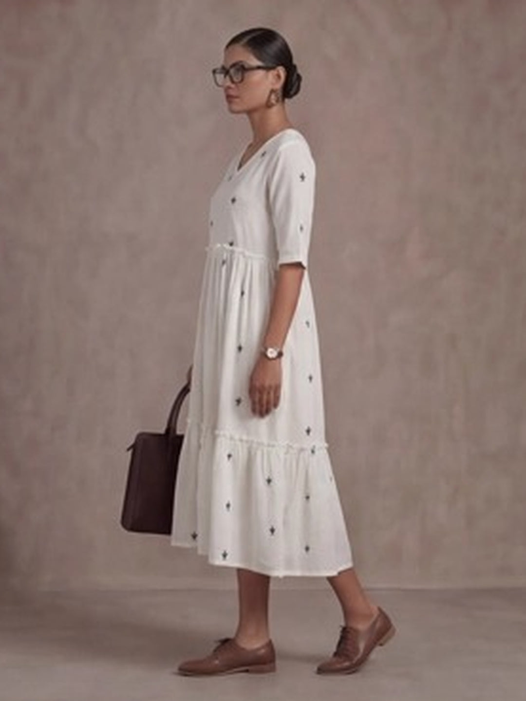 Floral Embroidered A-Line Tiered Ethnic Dress
