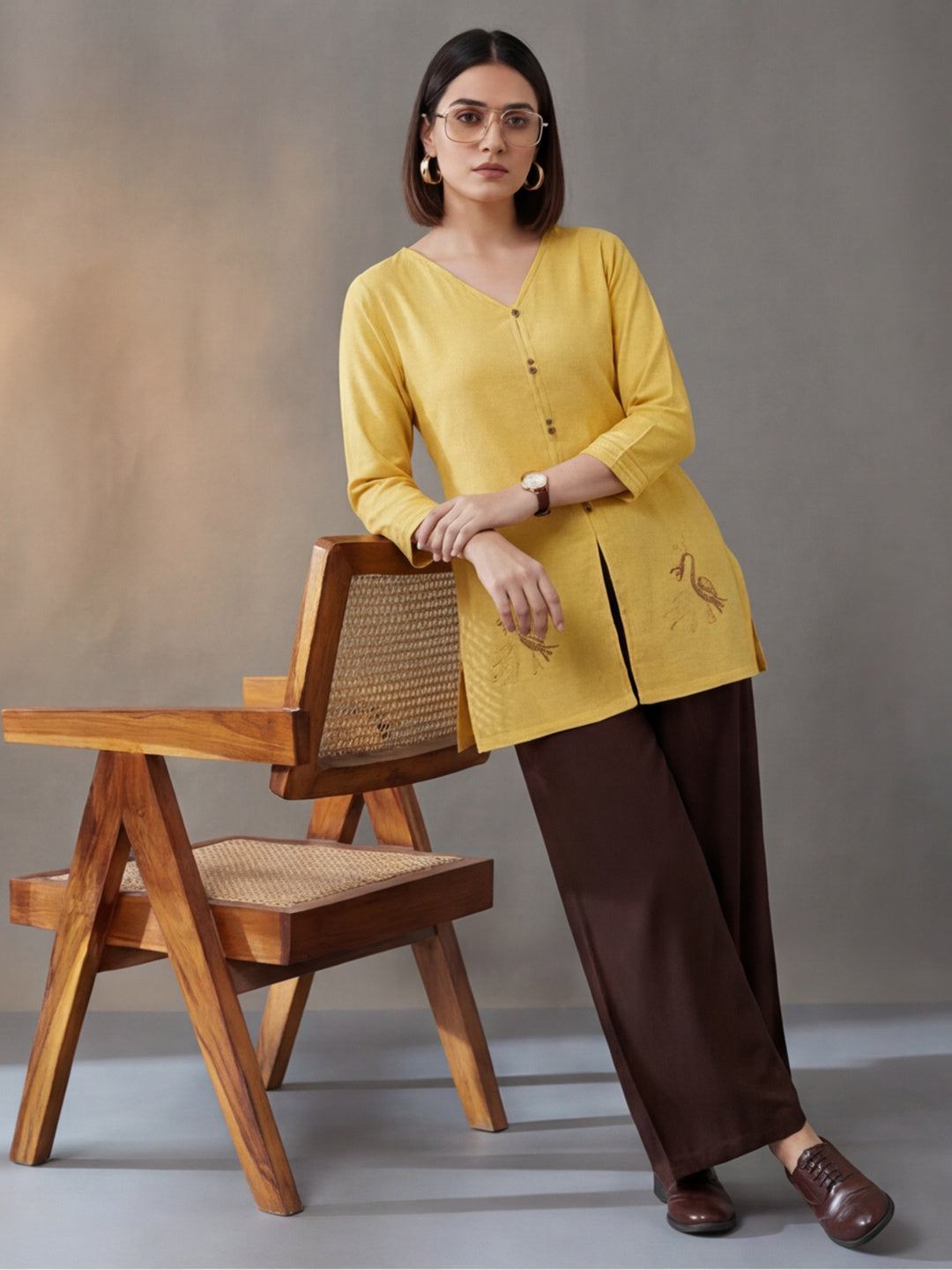 Printed Cotton Blend V-Neck Kurti