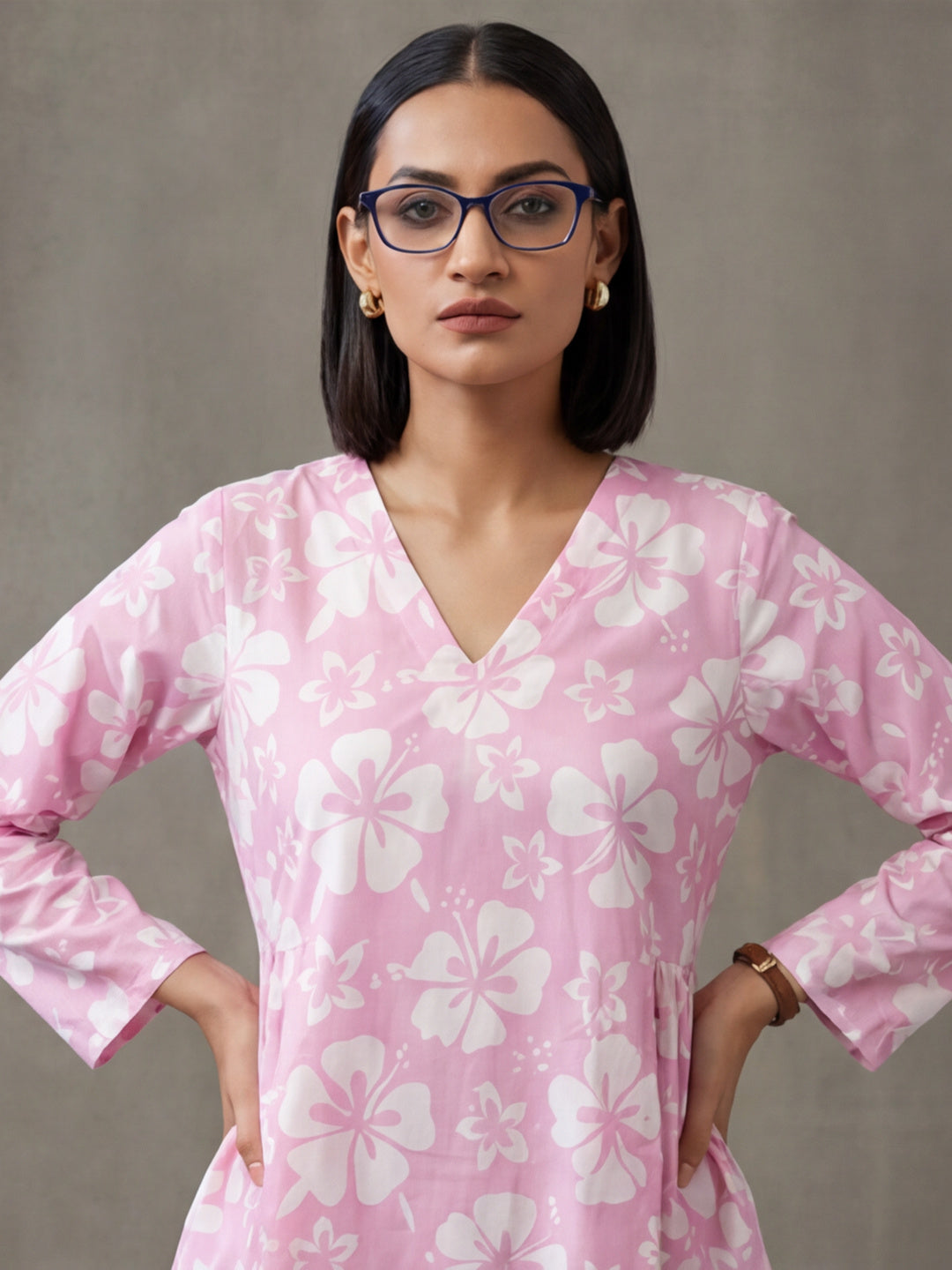 Printed Cotton Blend V-Neck Kurti