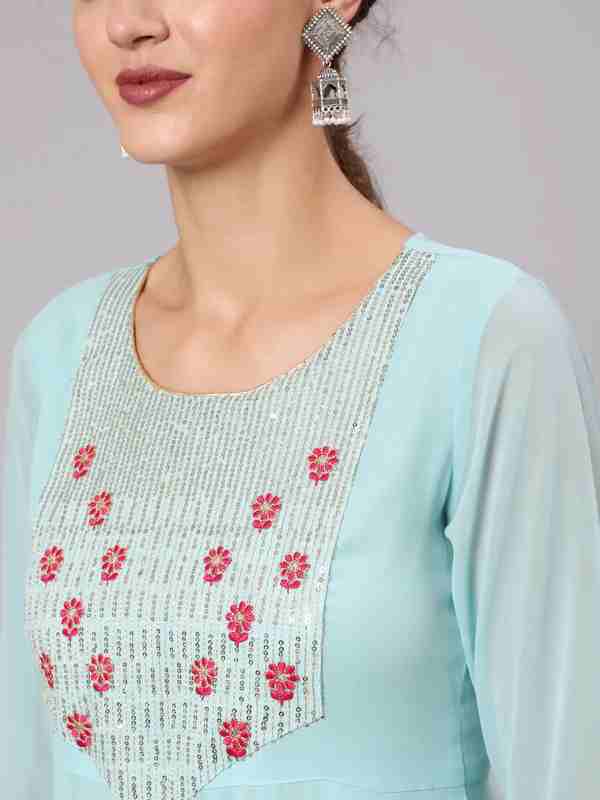 Aqua Georgette Floor Length Embroidered Anarkali Kurta