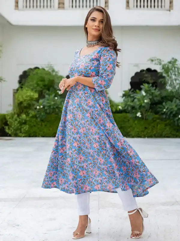 Blue Ethnic Motifs Printed Flared Long Cotton Kurta