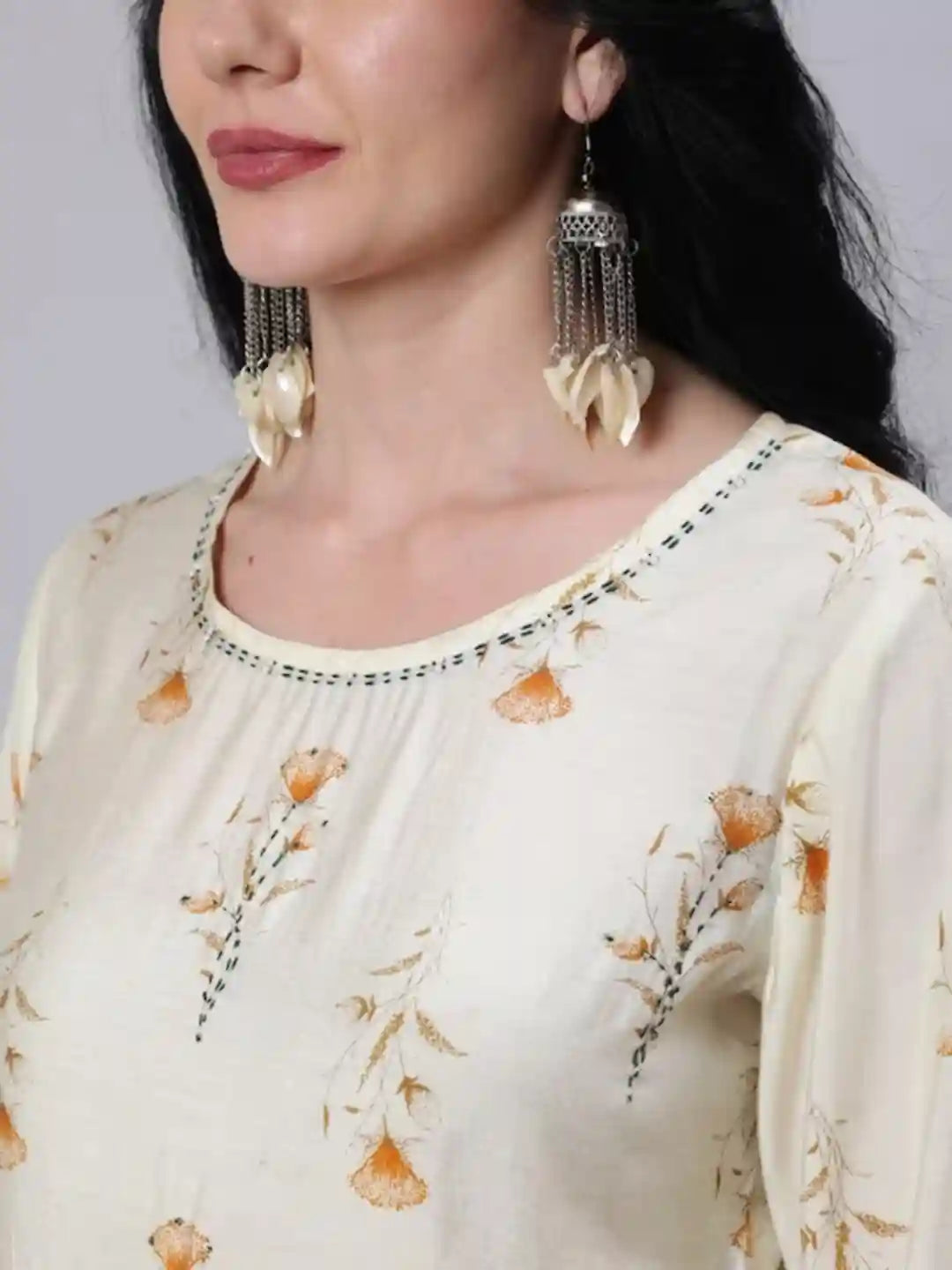 Mustard Foil Printed Chanderi Embroidered Kurta