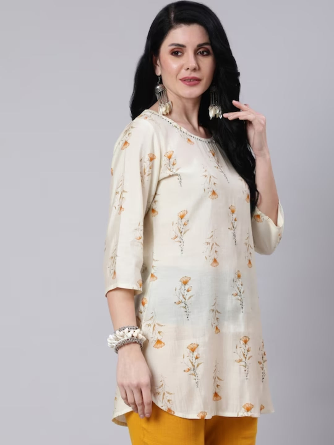 Mustard Foil Printed Chanderi Embroidered Kurta