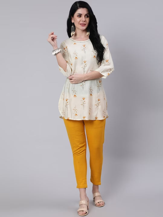 Mustard Foil Printed Chanderi Embroidered Kurta