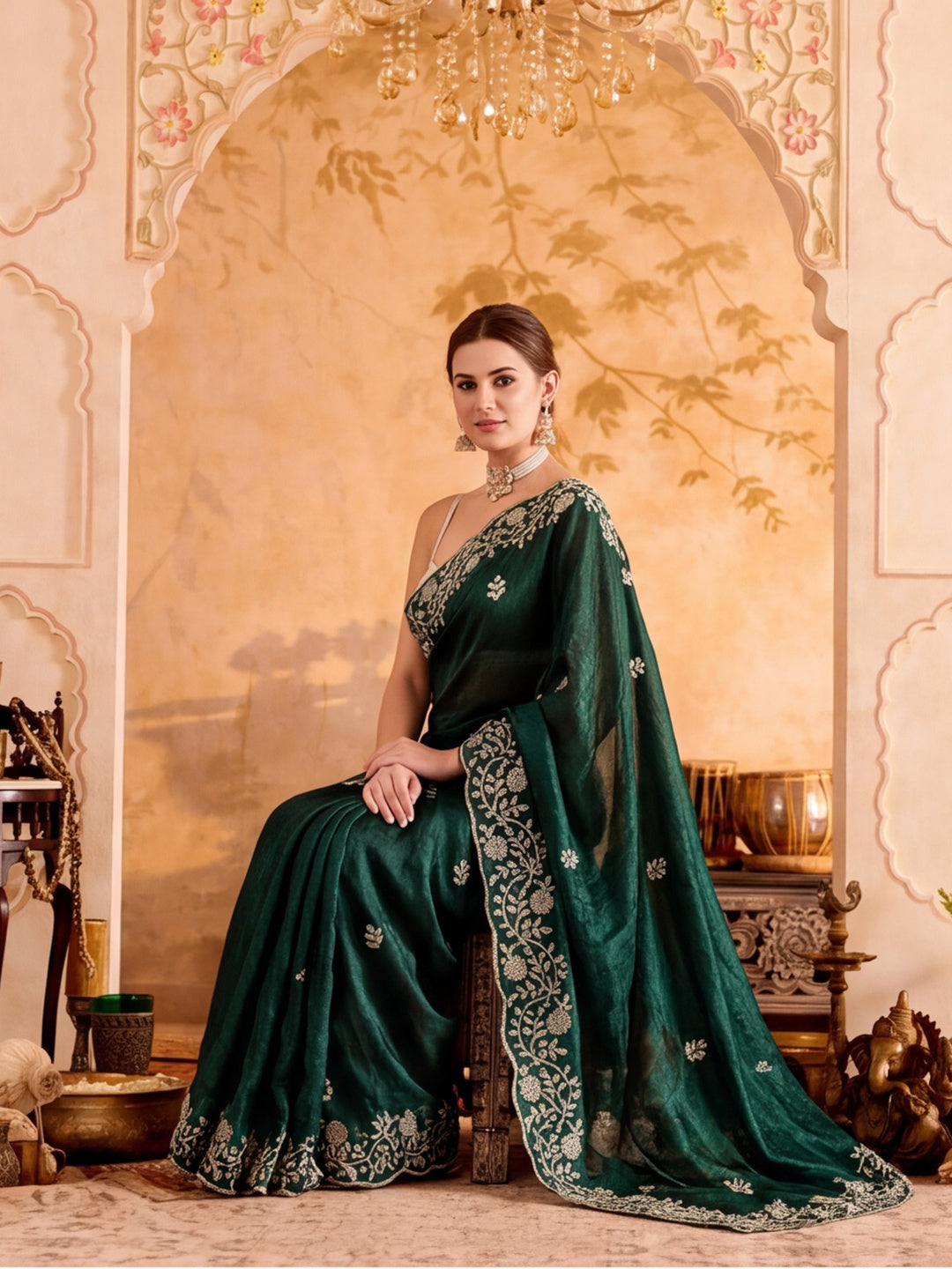 Embroidered Work Silk Saree With Unstitched Blouse Piece