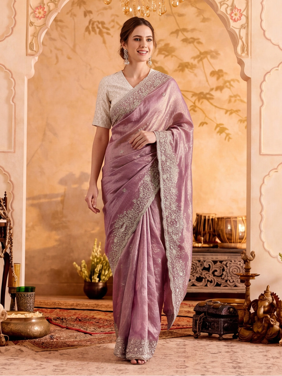 Embroidered Work Silk Saree With Unstitched Blouse Piece