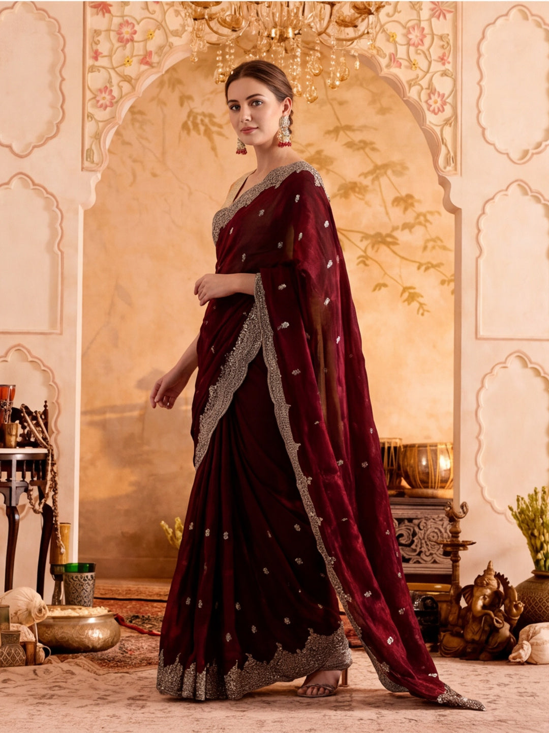 Embroidered Work Silk Saree With Unstitched Blouse Piece