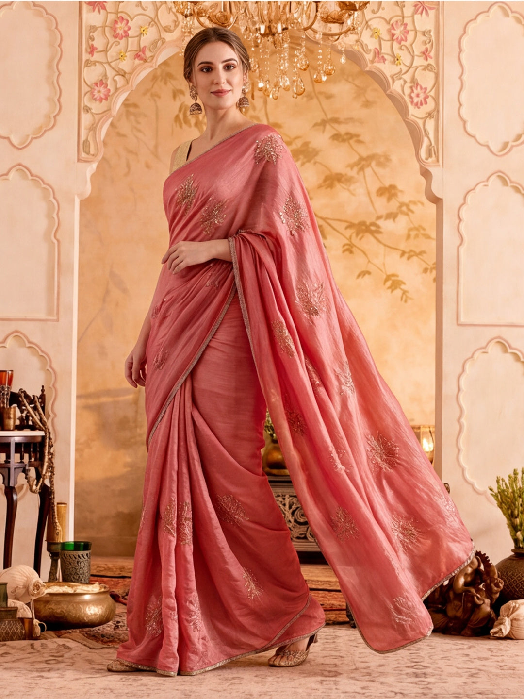 Embroidered Work Silk Saree With Unstitched Blouse Piece