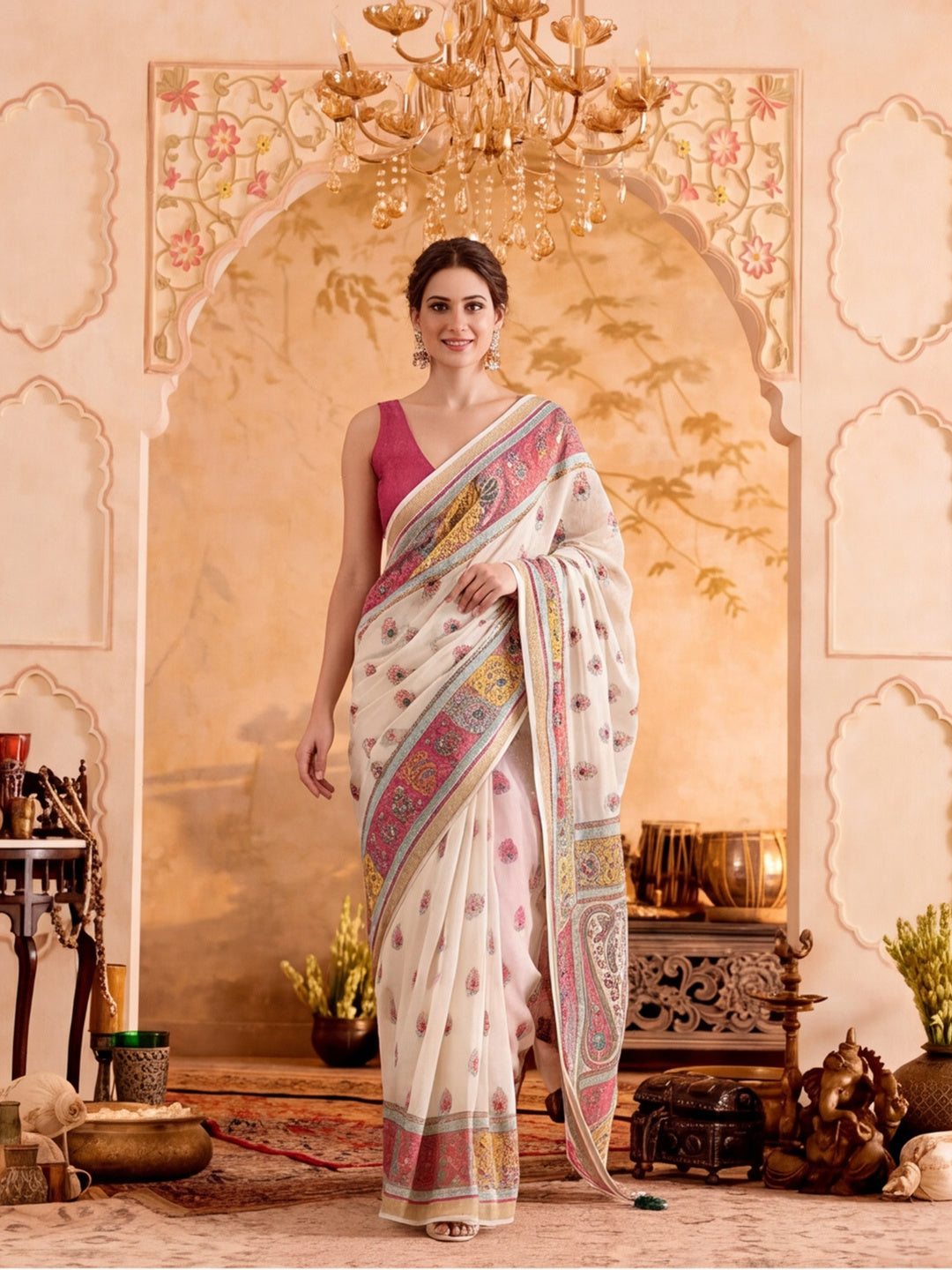 Fancy Printed With Mirror Work Cotton saree With Unstitched Blouse Piece