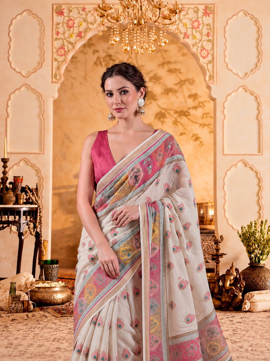 Fancy Printed With Mirror Work Cotton saree With Unstitched Blouse Piece