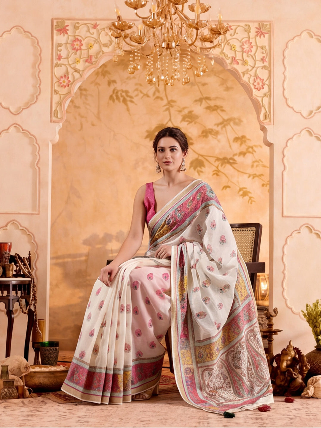 Fancy Printed With Mirror Work Cotton saree With Unstitched Blouse Piece