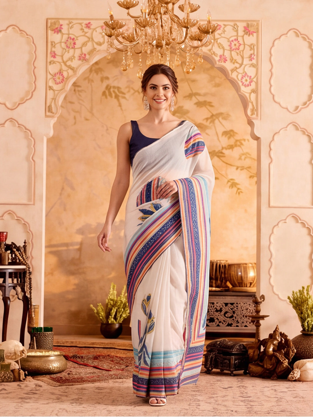 Fancy Printed With Stone Work Cotton saree With Unstitched Blouse Piece