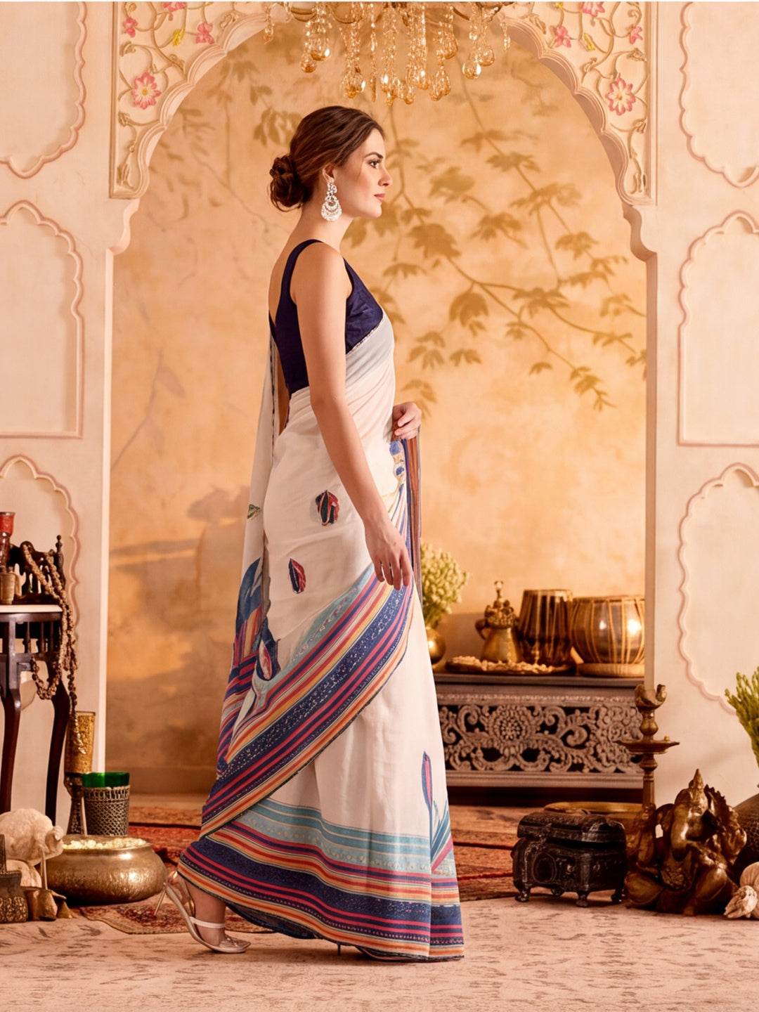Fancy Printed With Stone Work Cotton saree With Unstitched Blouse Piece