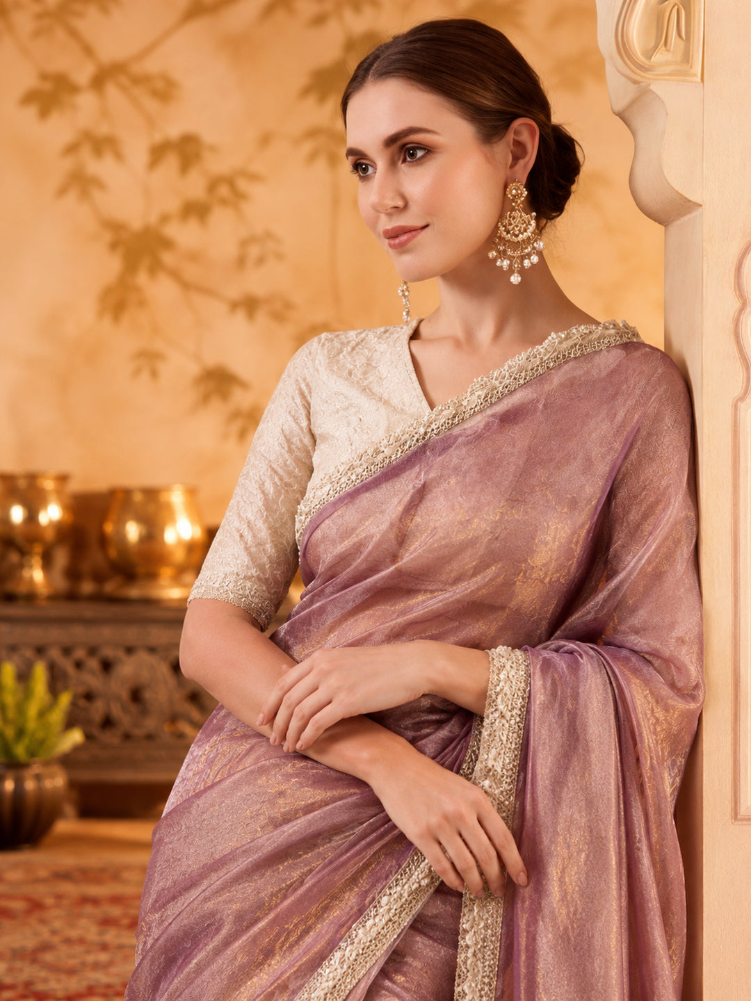Lightweight Net Saree With Fancy Lace Border With Unstitched Blouse Piece