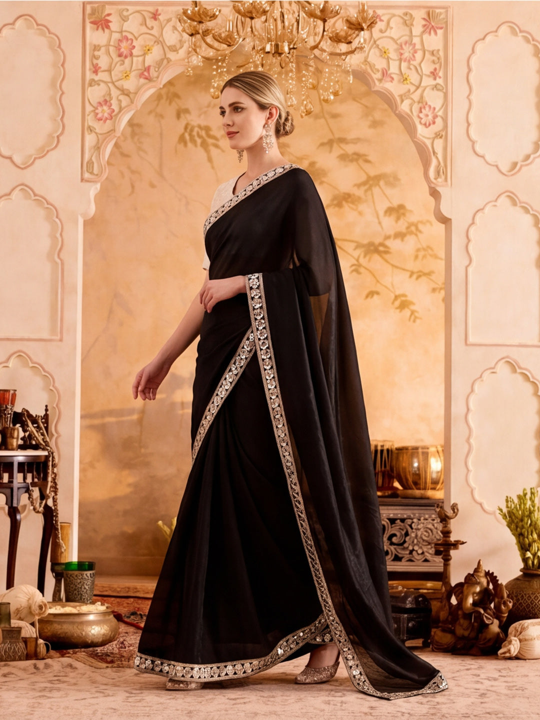Designer Silk Saree With Fancy Lace Border With Unstitched Blouse Piece