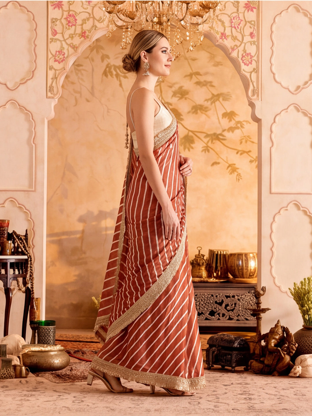 Designer Printed Silk Saree With Beads Work Lace Border With Unstitched Blouse Piece