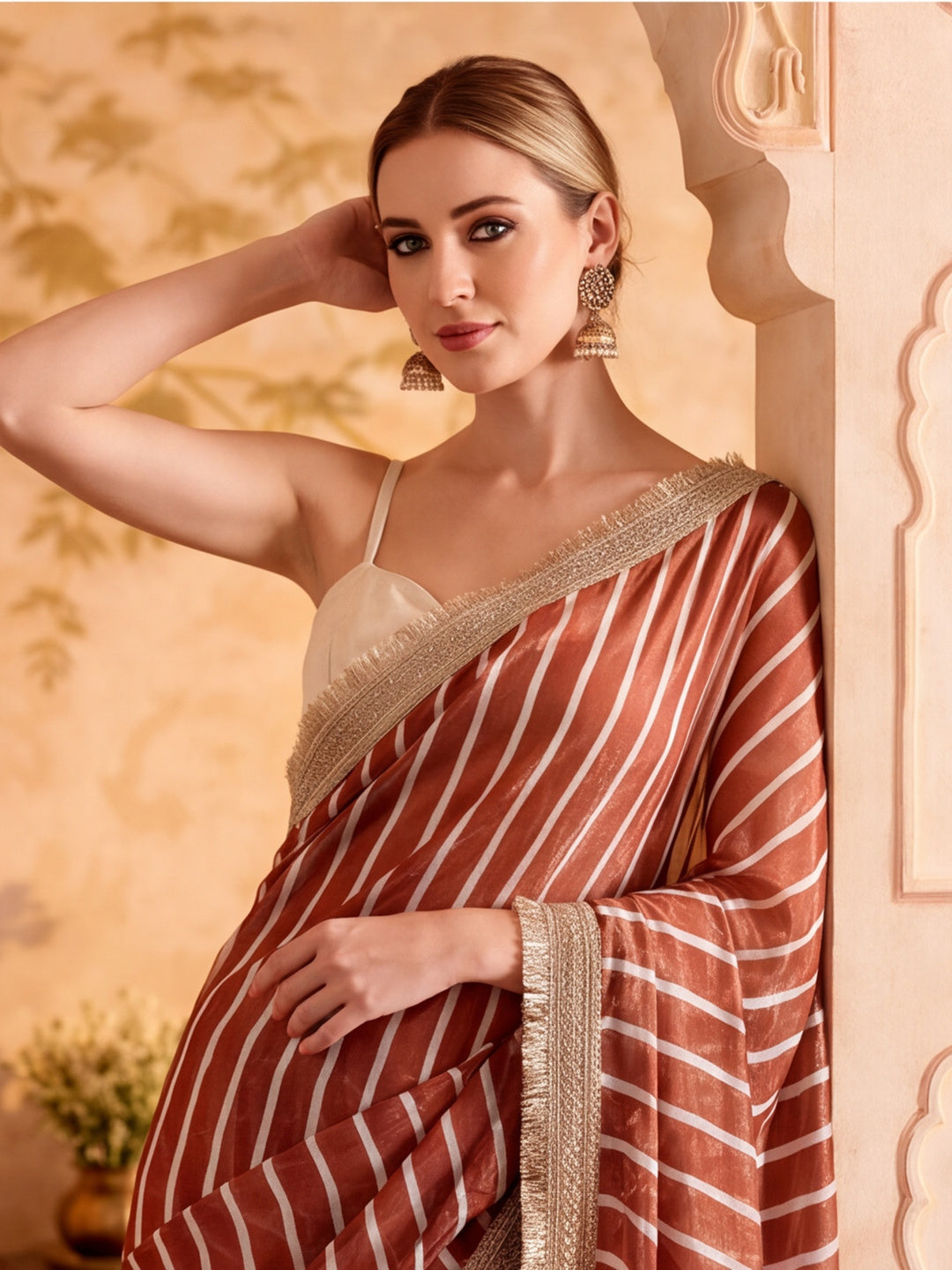 Designer Printed Silk Saree With Beads Work Lace Border With Unstitched Blouse Piece