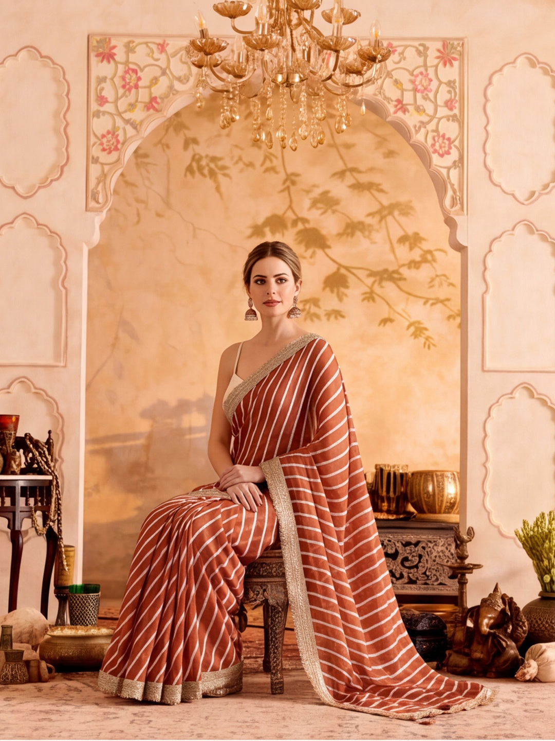 Designer Printed Silk Saree With Beads Work Lace Border With Unstitched Blouse Piece