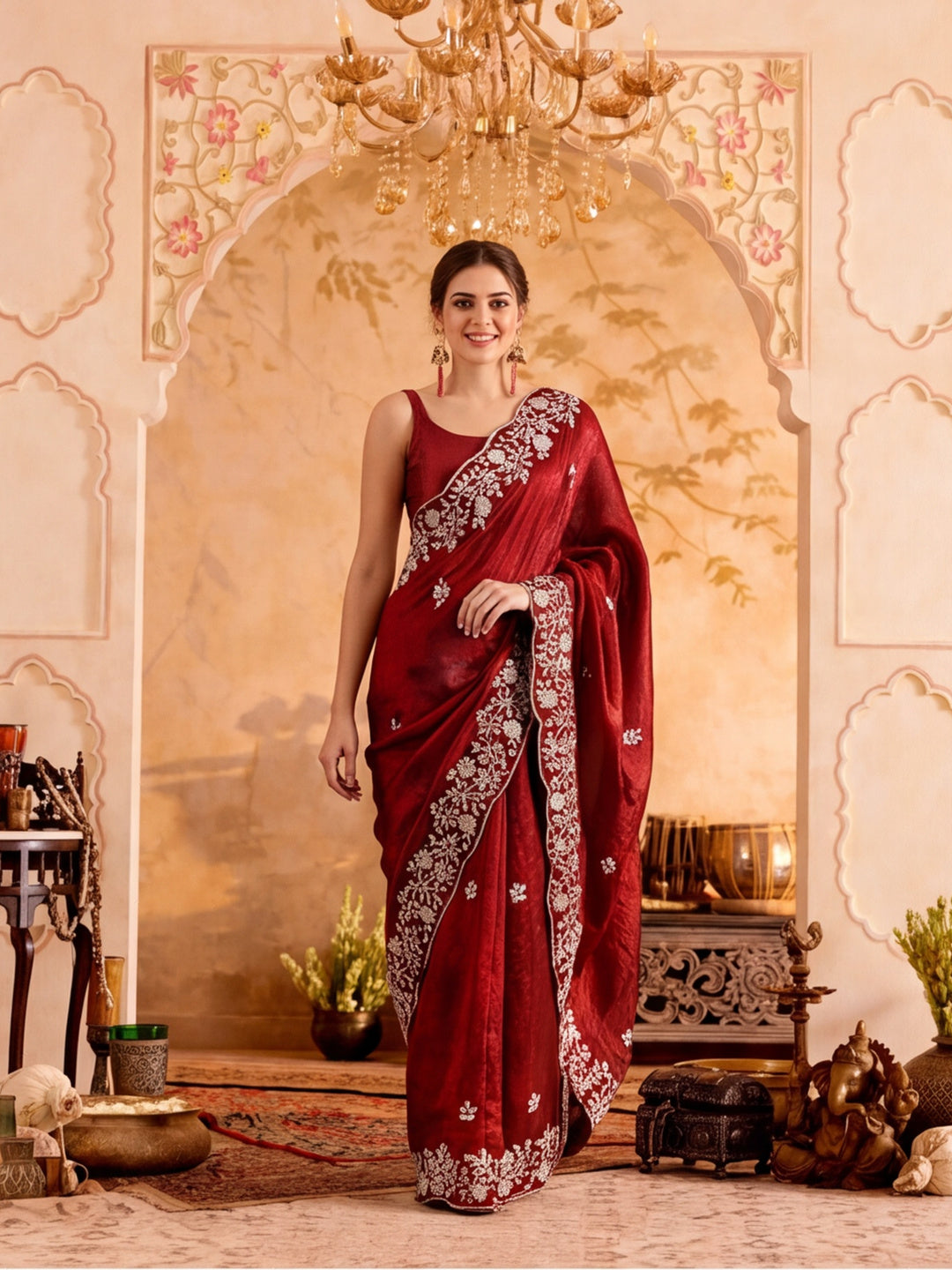 Embroidered Work Silk Saree With Unstitched Blouse Piece