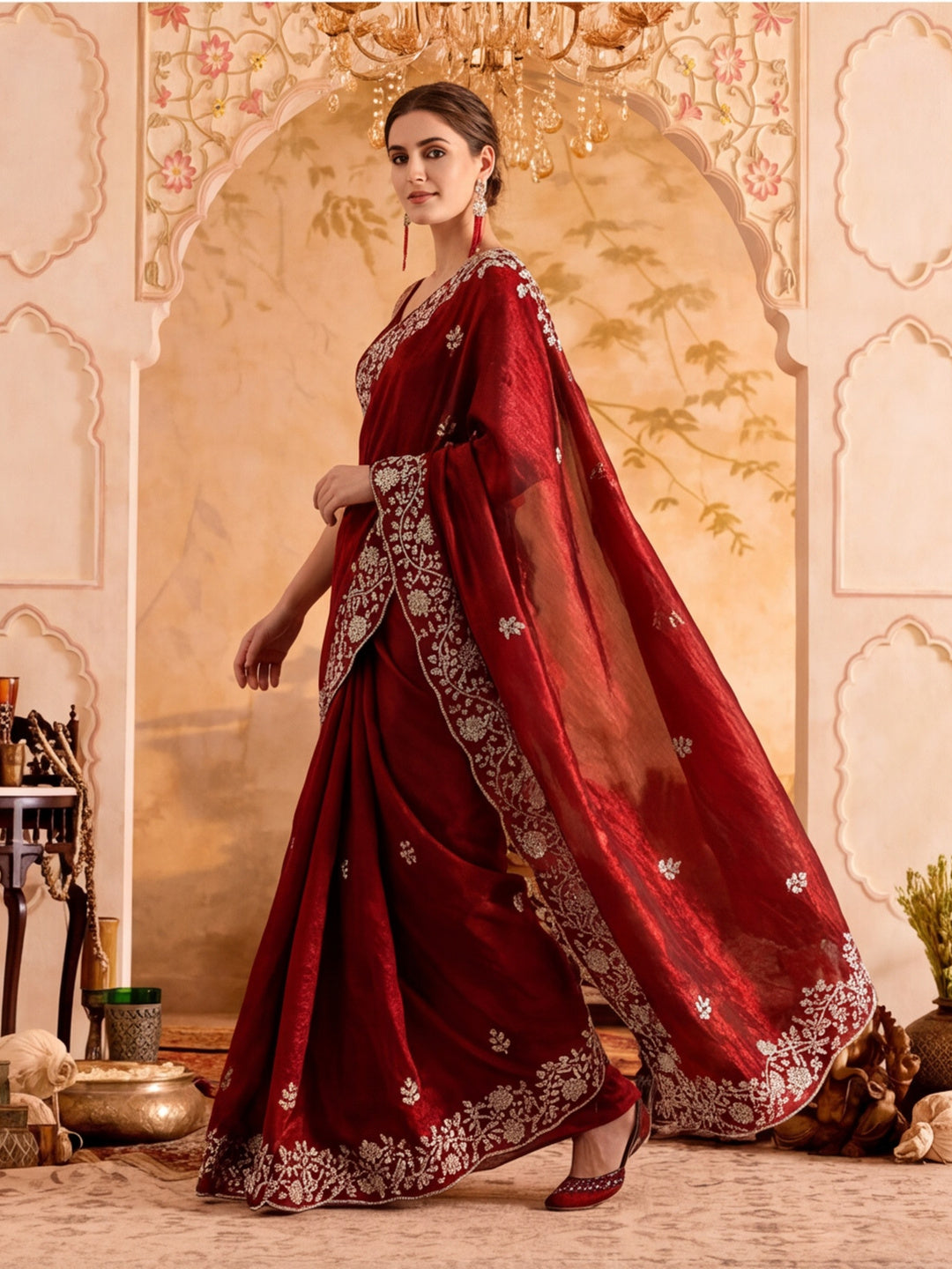 Embroidered Work Silk Saree With Unstitched Blouse Piece