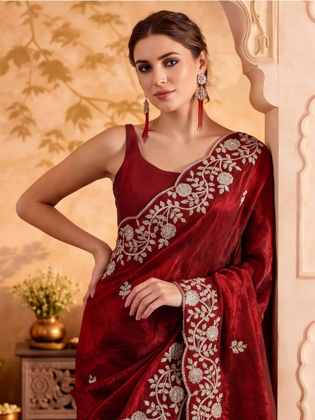 Embroidered Work Silk Saree With Unstitched Blouse Piece