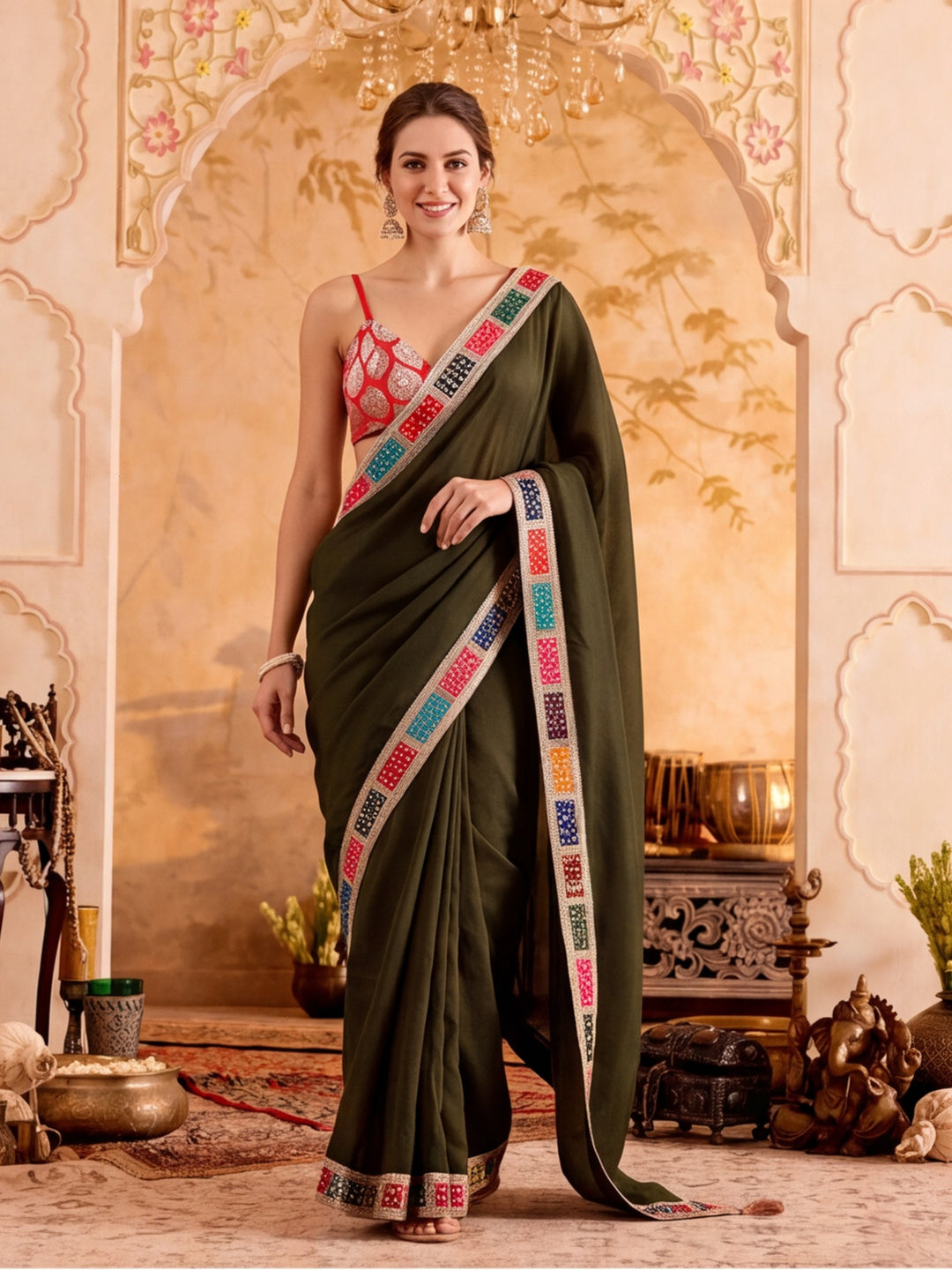 Designer Silk Saree With Fancy Bandhej Print Lace Border With Unstitched Blouse Piece